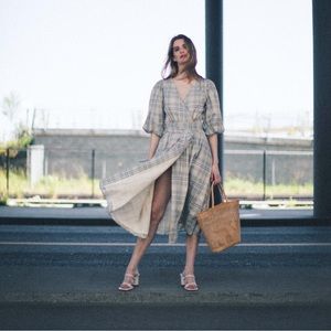 Oak + Fort plaid puff sleeve plaid wrap midi dress